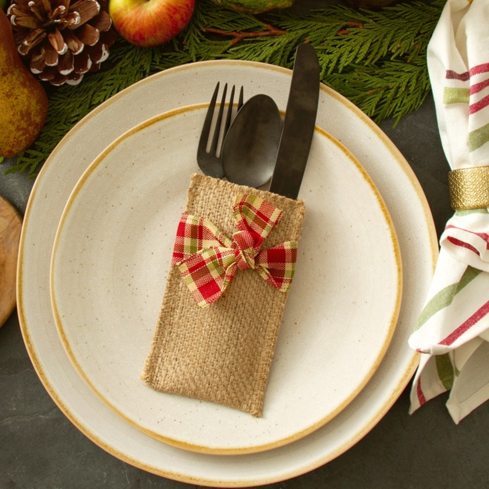 Silverware Pocket w/ Hand-tied Holiday Plaid Ribbon | Set of 8 NWOT